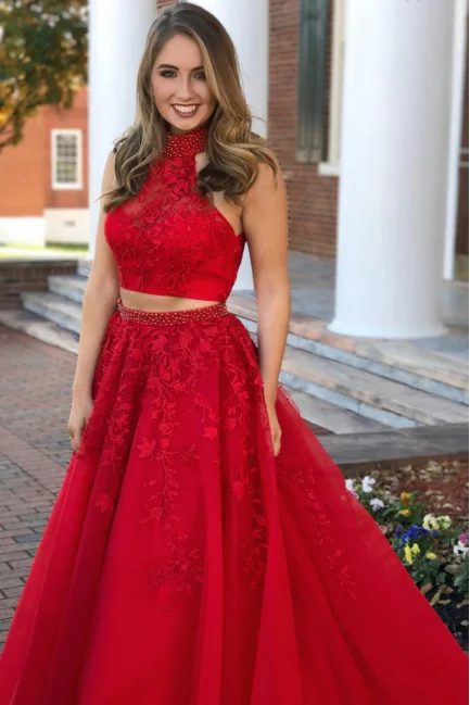 A Line Halter Lace Red 2 Piece Prom Dresses Tulle Evening Gown