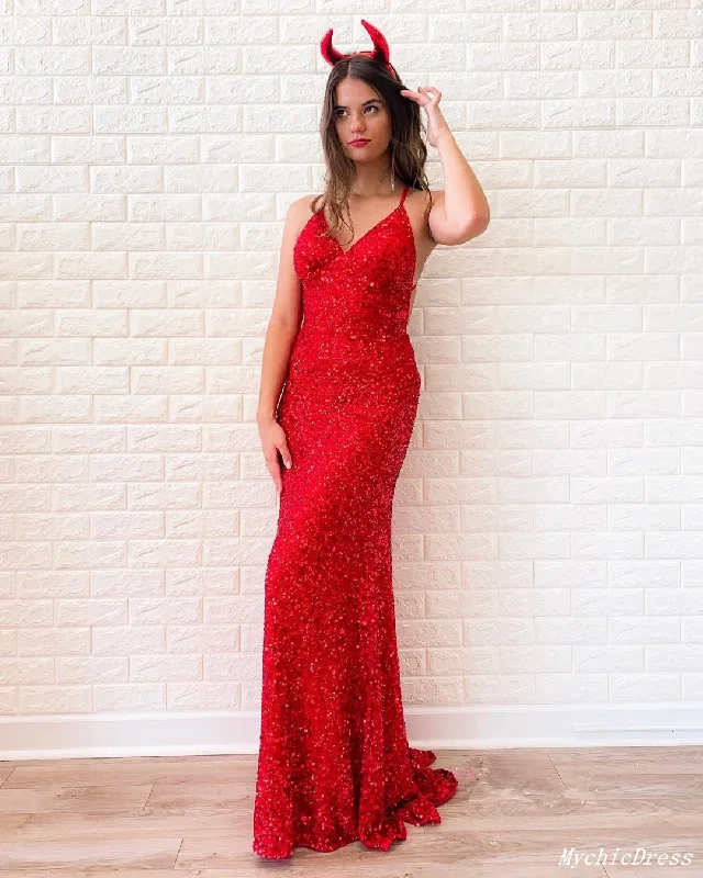 Cheap Red Sequin Prom Dresses 2025 Long Sleeveless Evening Dress