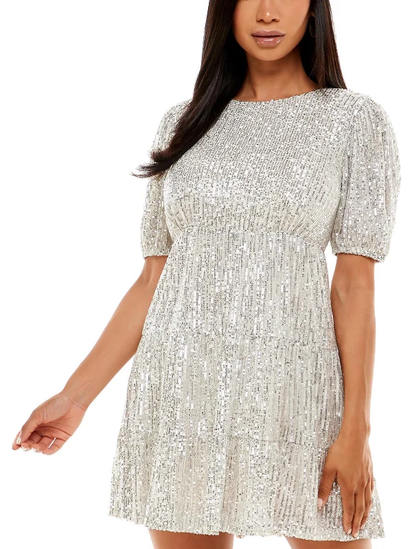 Juniors Womens Sequined Tiered Cocktail and Party Dress