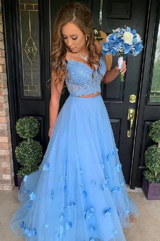 Light Blue 2 Piece Prom Dresses Off the Shoulder Flower Long Evening Gowns