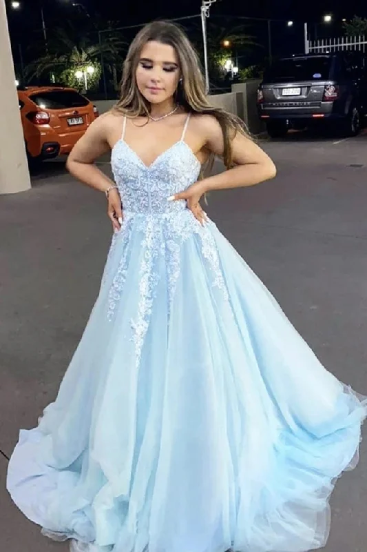 2025 Light Blue Prom Dresses V Neck Appliques Lace Evening Dress