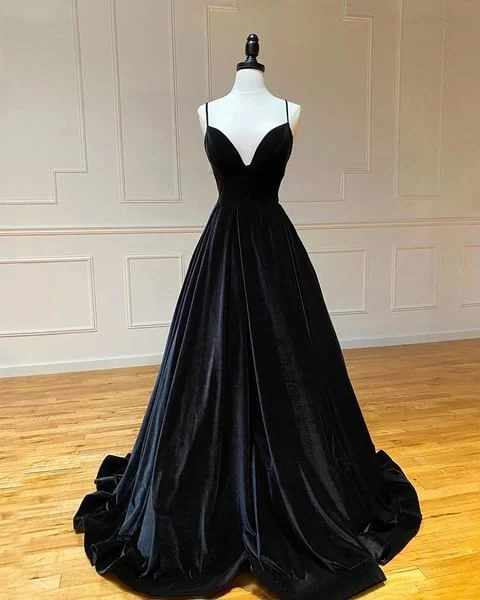 2025 Long Black Velvet Prom Dresses Spaghetti Straps V Neck Evening Party Dress