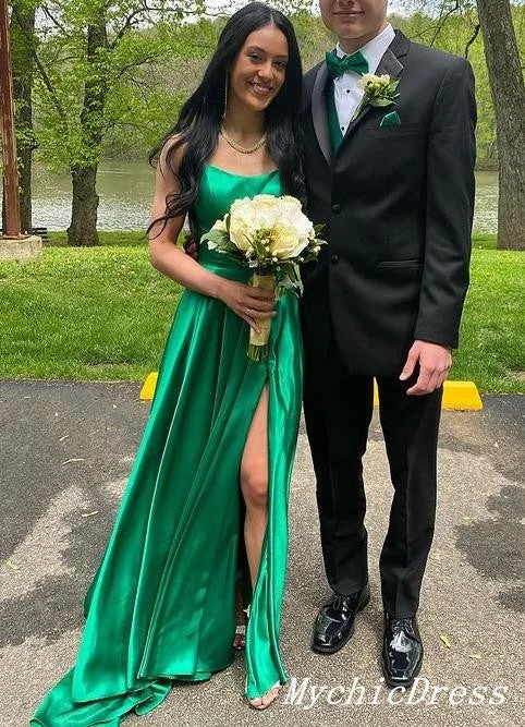 Long Simple Satin Silk Prom Dresses Green Evening Dress with Split