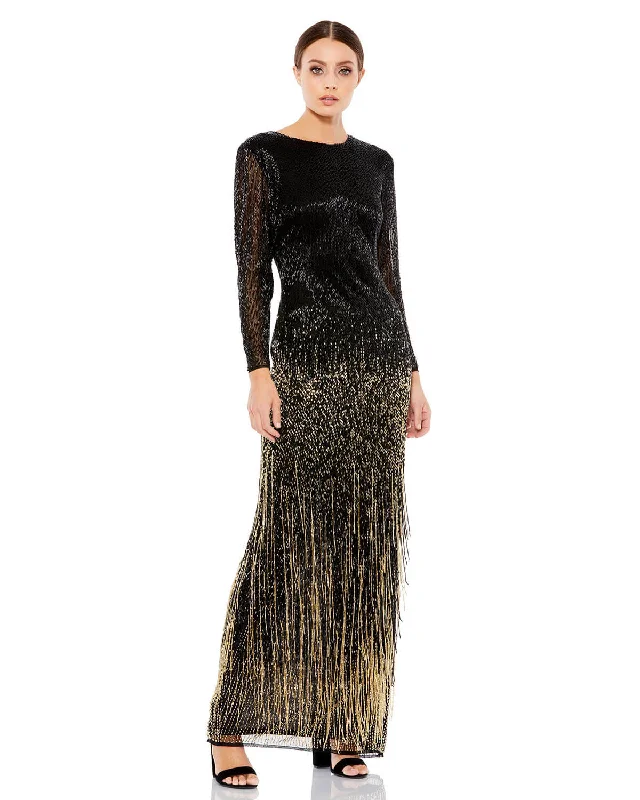 Long Sleeve Beaded Fringe Evening Gown