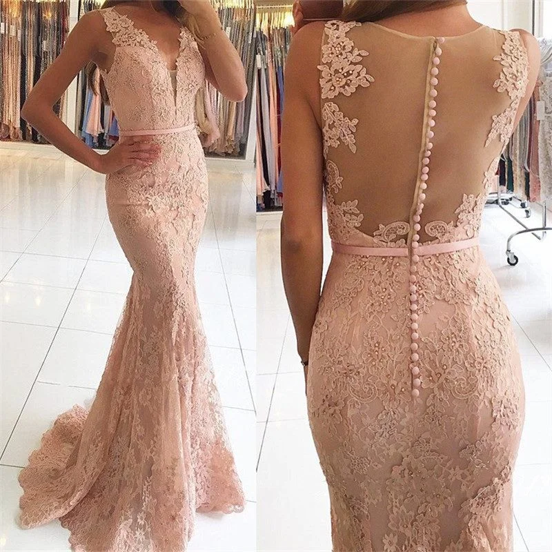 Mermaid Pink Prom Dresses Lace Sexy Long Evening Gowns