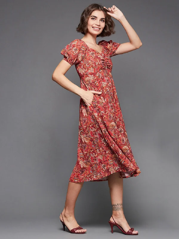 Part Of Your Story Ruching Printed Dress Multicolored-Base-Maroon