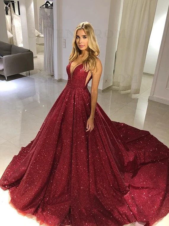 Sparkly V-Neck Glitter Burgundy Prom Dress Long Evening Dress