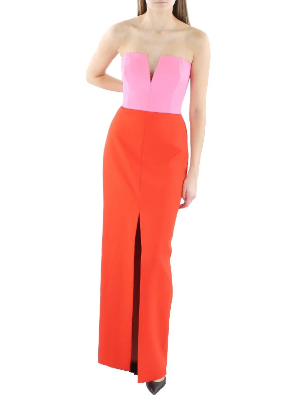 Womens Colorblock Strapless Evening Dress