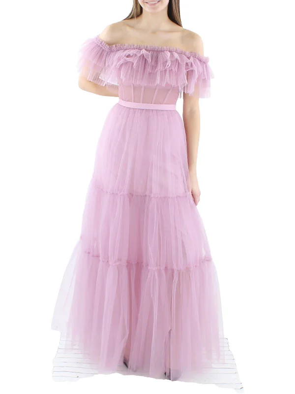 Womens Tiered Off-The-Shoulder Evening Dress