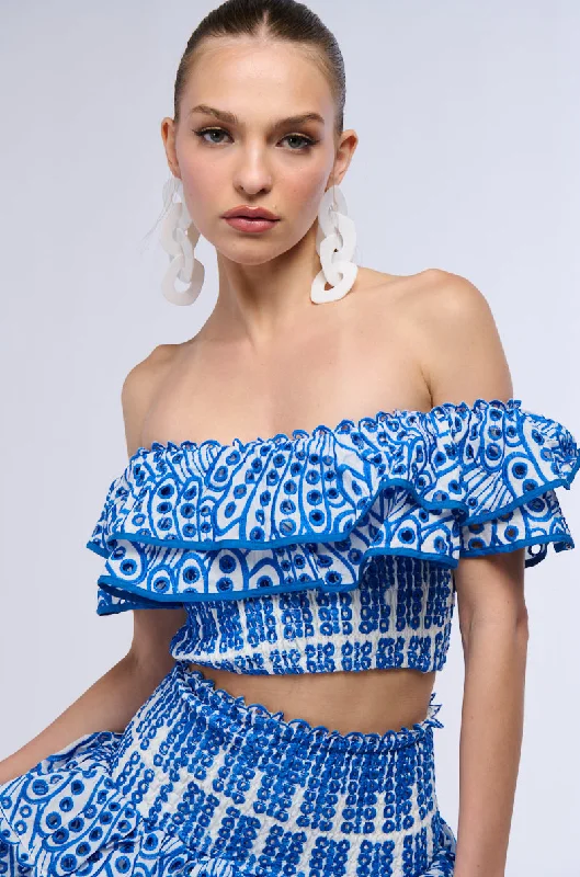 BLUE SUMMER LOVING OFF THE SHOULDER RUFFLE CROP BLOUSE