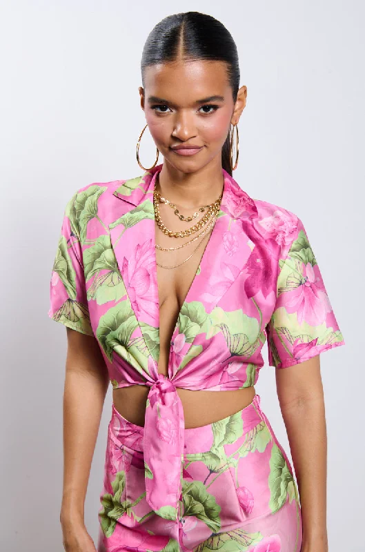 CATCH ME IN MIAMI PRINTED SATIN SHIRT