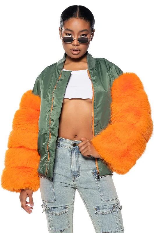 ENDLESS FAUX FUR SLEEVE BOMBER JACKET