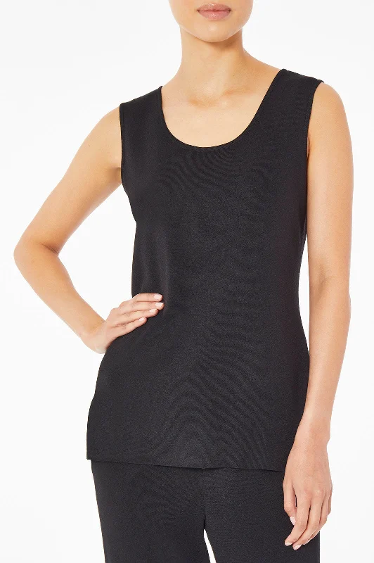 Long Scoop Neck Easy-Care Soft Knit Tank, Black