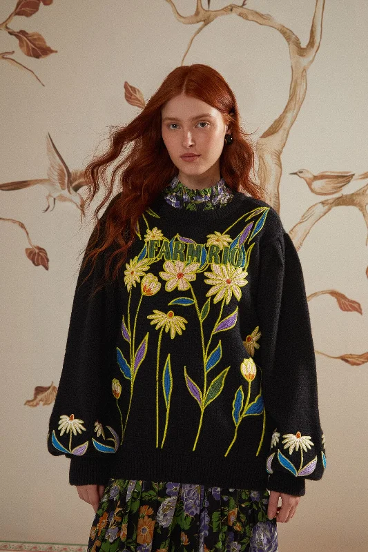 Black Farm Rio Flowers Embroidered Knit Sweater