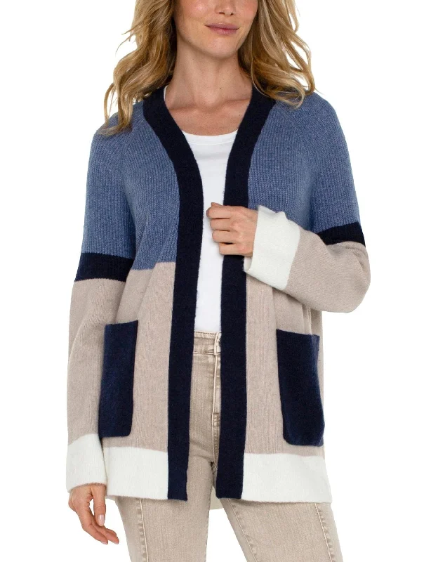 Liverpool Open Front Color Block Cardigan LAPIS OATMEAL